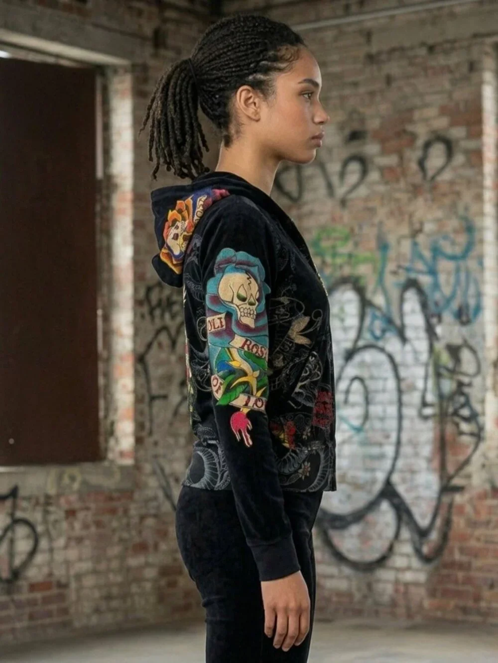 VTG Ed Hardy Black Velour Zip Up Tattoo Hoodie | McBling Indie Sleaze Trashy Y2K - Picture 11 of 16